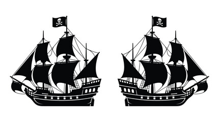 Pirate ship silhouettes with skull and crossbones flag silhouette © MdRakib