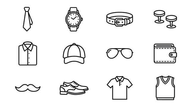 Set of mens clothing and accessories icons, line style, isolated on white background
