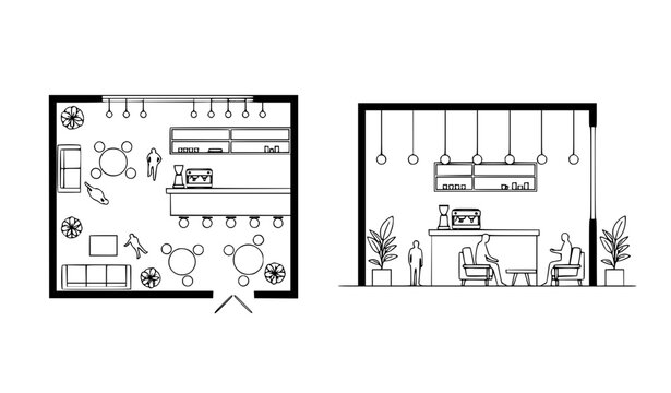 Minimal cafe interior CAD drawing set with coffee counter seating layout and architectural floor plan elevations