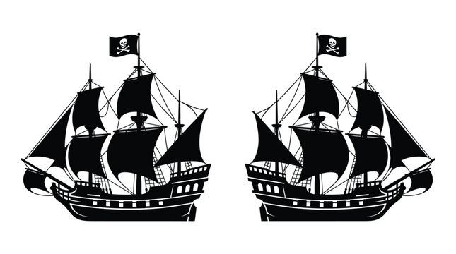 Pirate ship silhouettes with skull and crossbones flag silhouette
