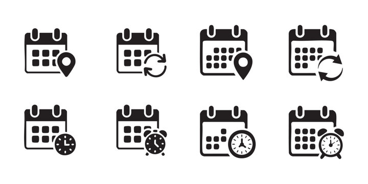 Calendar event icons featuring location pins rotation arrows analog clocks and alarm bell symbols.