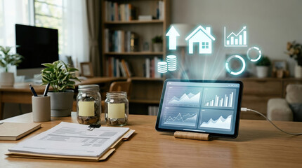 Fototapeta premium Smart finance concept with generic tablet projecting abstract financial icons