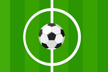 Obraz premium Clean and minimal football field illustration featuring a soccer ball placed at the center of a green pitch. Great for sports posters, football graphics, banners, educational materials, and game-theme