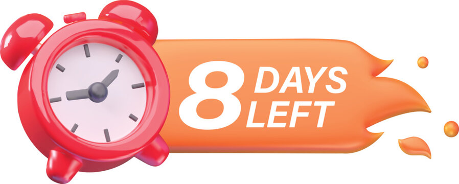 A 3D icon of a bright red alarm clock with an orange flame and the words "8 days left."