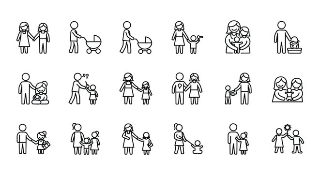 Stick figure illustrations of people in various family and social situations