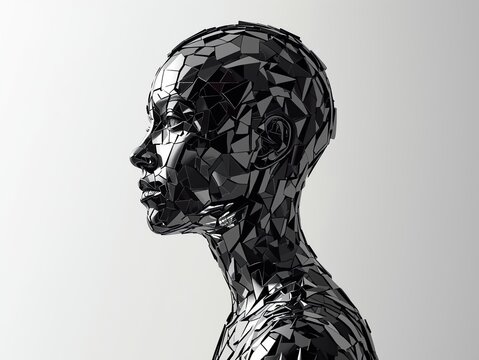 Abstract human figure built from shattered reflective fragments. No facial details, clean white background. Powerful concept of identity, complexity, and inner duality 2026.