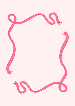 Ribbon bow vector pink frame. Cute hand drawn ribbon border doodle.