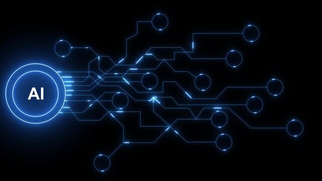 AI Circuit Board with Icons and Blue Neon Glow artificial intelligence technology. AI and Circuit Network Technology Driving Digital Innovation and Smart Systems.4k animation motion video..