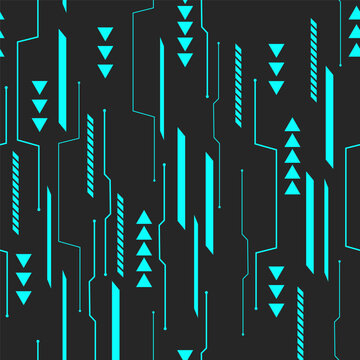 Abstract geometric technology pattern with blue circuit lines on dark background. Modern digital blueprint design perfect for AI, innovation, and data network concepts.