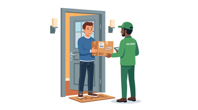 A friendly delivery driver in a green uniform handing a stack of cardboard packages to a smiling man at his home's front door, representing convenient online shopping and logistics.