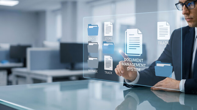 Businessman interacting with a futuristic document management system dms on a holographic screen in a modern office