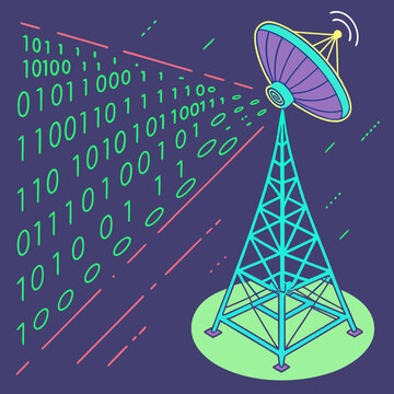 Neon satellite dish tower with binary code