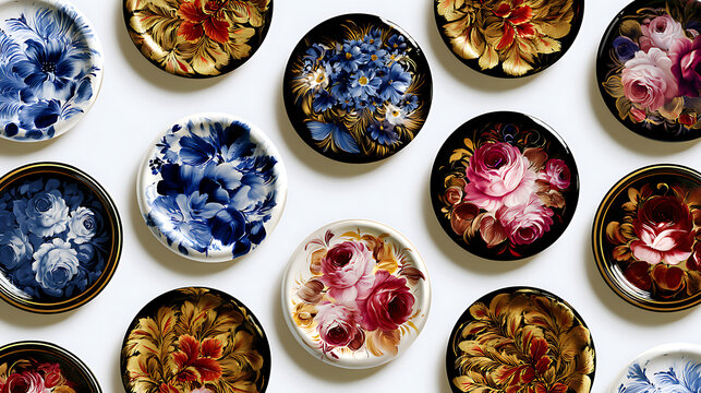 Each circle contains traditional Russian folk art motifs &mdash; Gzhel blue and white floral patterns, Khokhloma gold and red leafy ornaments with black background, Gorodets pink and blue flower bouquets, a