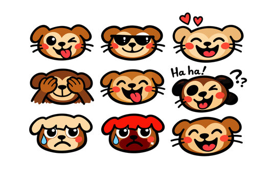 Cute monkey emoji set with 9 cartoon primate faces, funny monkey character expressions and emotions, brown animal avatar icons for chat and social media
