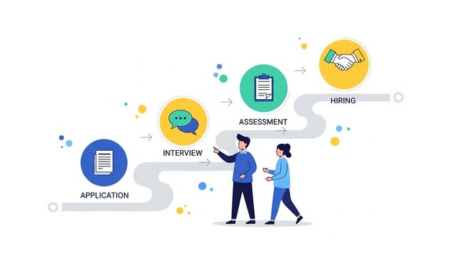 Professional recruitment process journey infographic showing stylized business people navigating a clear step-by-step hiring path from application interview assessment to final employment handshake