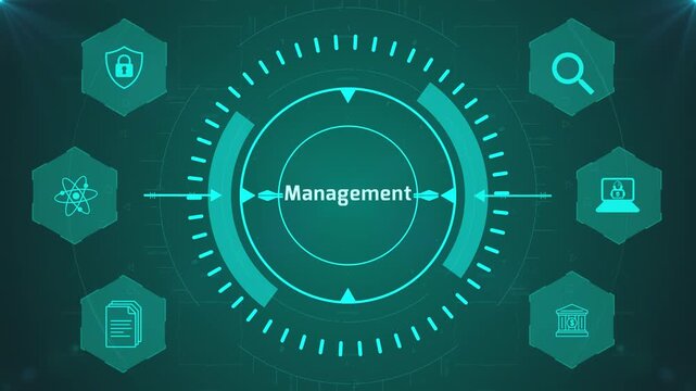 Management Control Interface with Circular Digital HUD and Corporate Icons on Abstract Technology Background Representing Business Operations System