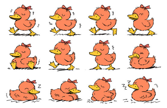 Hand-drawn duckling character animation frames, cute orange duck sprite sheet with 12 poses, vintage comic style bird illustration for game design