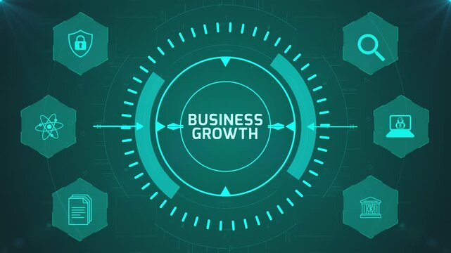 Business Growth Analytics Interface with Circular Digital HUD and Corporate Icons on Abstract Technology Background Representing Expansion Performance System