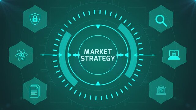 Market Strategy Interface with Circular Digital HUD and Corporate Icons on Abstract Technology Background Representing Business Planning System