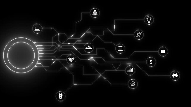 AI Circuit Board with Icons and White Neon Glow on Black artificial intelligence. AI Technology and Circuit Networks Driving Digital Innovation, Data Flow, and Smart Systems.4k animation video..