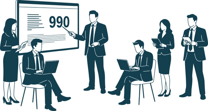 Business team presenting financial data with form 990 on whiteboard isolated on transparent background