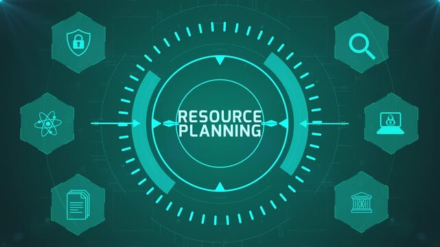 Resource Planning Interface with Circular Digital HUD and Corporate Icons on Abstract Technology Background Representing Business Allocation System