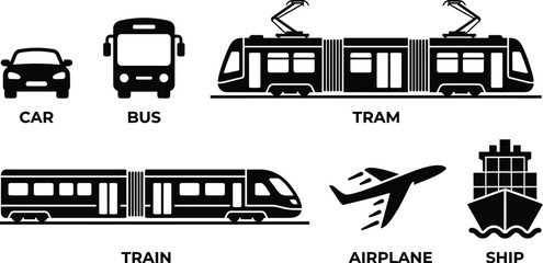 Public Transportation Icon Set including Car Bus Tram Train Airplane and Cargo Ship Logo © Zander