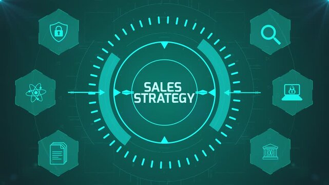 Sales Strategy Interface with Circular Digital HUD and Corporate Icons on Abstract Technology Background Representing Revenue Planning System