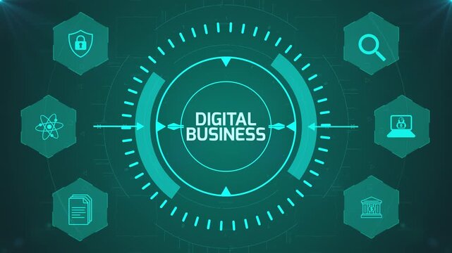 Digital Business Interface with Circular Digital HUD and Corporate Icons on Abstract Technology Background Representing Online Enterprise System