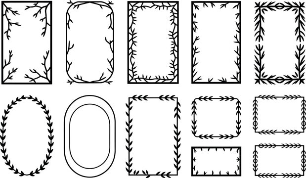 Collection of decorative ornamental borders and frames with natural leaf and branch motifs isolated on transparent background