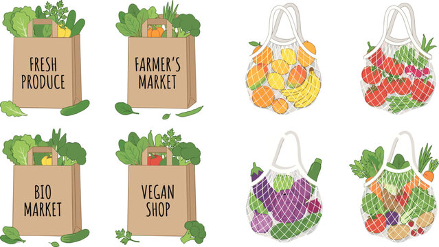 Eco friendly shopping bags vector set with paper bags and reusable mesh bags filled with fresh organic vegetables for zero waste farmer market concept.