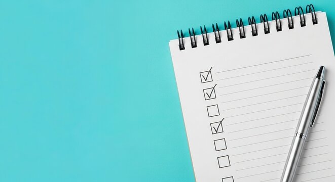 Top view of white notebook page with checklist and checkboxes ticked and unticked next to silver pen on teal background for planning or task completion concept.