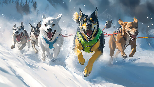 A pack of various dog breeds running through deep snow on a winter trail wearing colorful harnesses while enjoying an active outdoor exercise in nature