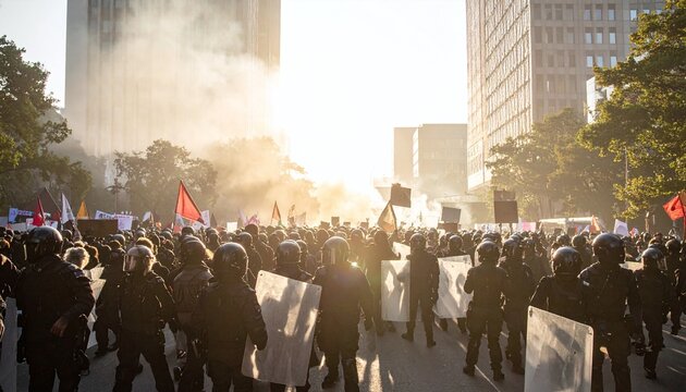 Intense urban protest scene featuring police in riot gear with shields amidst smoke and bright light. A powerful metaphor for civil disobedience, law enforcement, and political struggle.