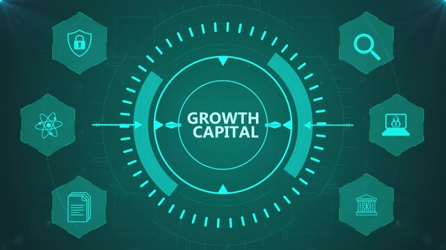 Growth Capital Interface with Circular Digital HUD and Corporate Icons on Abstract Technology Background Representing Investment Expansion System
