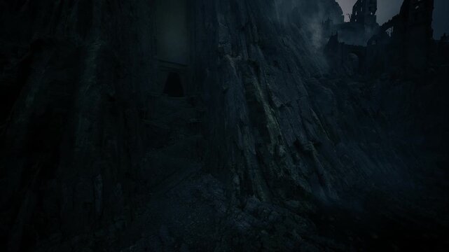 Shadowed cliffs hide secret passage. Dark rocky face reveals hidden corridor mystery. Foreboding cliff with shadowed doorway suggests hidden adventure waits