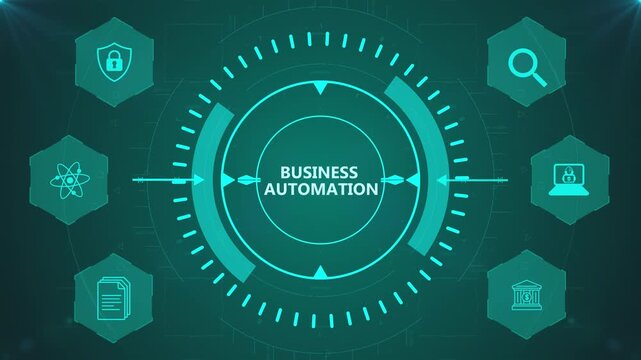 Business Automation Interface with Circular Digital HUD and Corporate Icons on Abstract Technology Background Representing Workflow Optimization System
