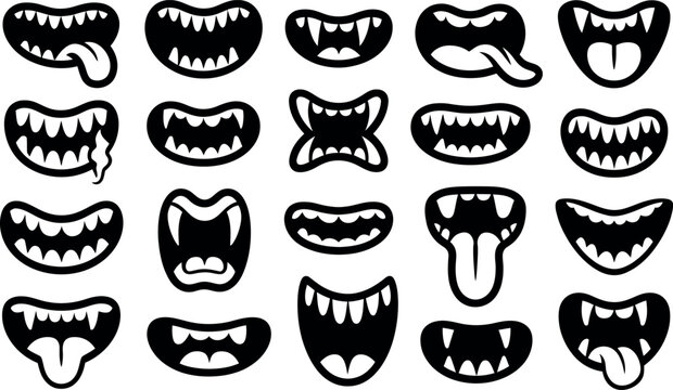 Collection of diverse cartoon monster mouths with sharp teeth and tongues for graphic design