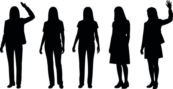 Collection of five diverse female silhouettes in various casual and professional poses isolated on white