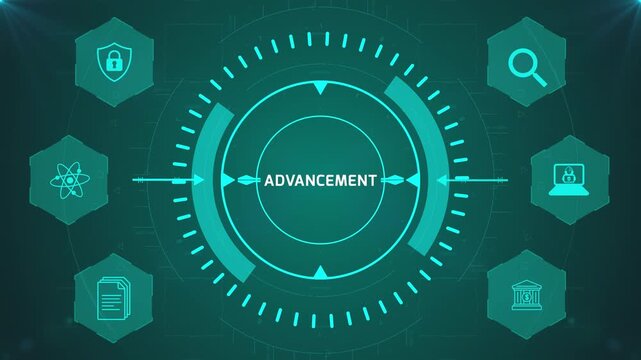 Advancement Strategy Interface with Circular Digital HUD and Corporate Icons on Abstract Technology Background Representing Business Progress System