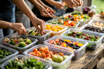 Obraz premium A group of people preparing healthy salad meals in clear plastic containers on a wooden table for meal prep or food distribution in a kitchen setting