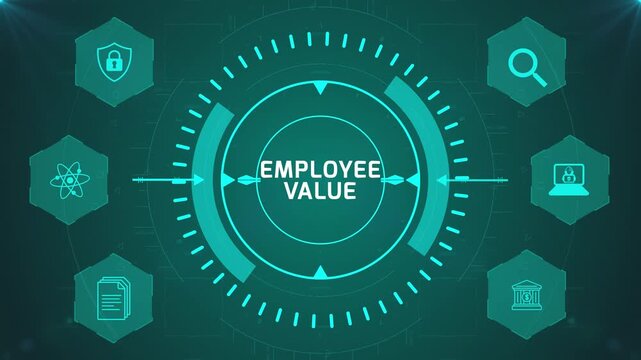 Employee Value Interface with Circular Digital HUD and Corporate Icons on Abstract Technology Background Representing Workforce Development System