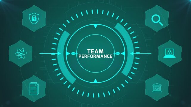 Team Performance Interface with Circular Digital HUD and Corporate Icons on Abstract Technology Background Representing Workforce Productivity System