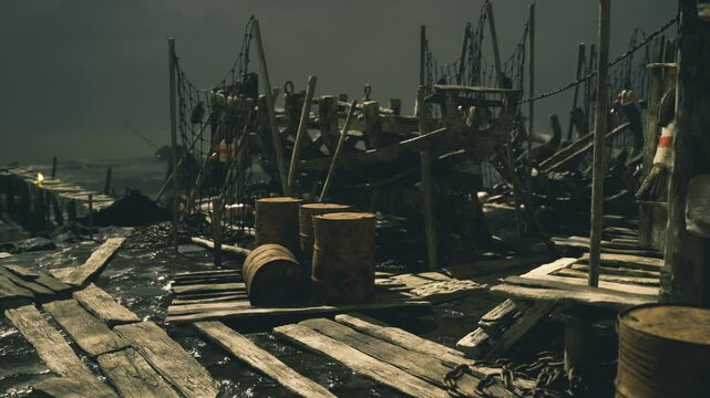 Foggy coastal platform framed by weathered barrels and taut ropes, misty horizon and slow tidal movement, muted palette and soft light creating eerie quiet