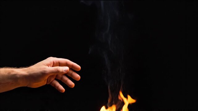Hand reaches towards small flames on a dark background with smoke