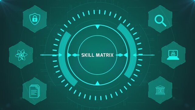 Skill Matrix Interface with Circular Digital HUD and Corporate Icons on Abstract Technology Background Representing Workforce Evaluation System