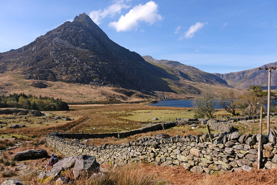 Tryfan mountain peak in the Ogwen Valley , Eryri National Park, fomally Snowdonia, North Wales, UK.