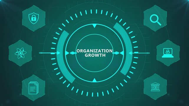 Organization Growth Interface with Circular Digital HUD and Corporate Icons on Abstract Technology Background Representing Corporate Expansion System