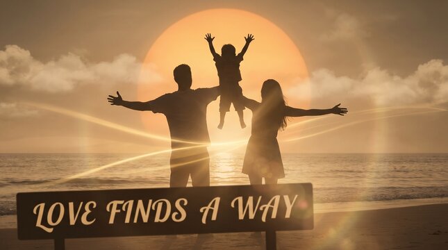 Silhouette of couple lifting child at sunset on beach with love message