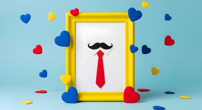 Father's day concept with yellow frame tie and floating hearts